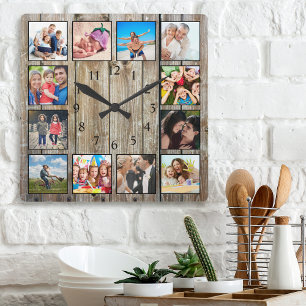 Moderne huisfamilie Rustic Foto Collage Vierkante Klok