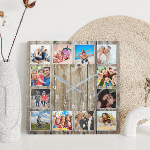 Moderne huisfamilie Rustic Foto Collage Vierkante Klok