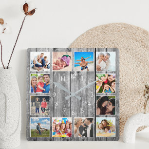 Moderne huisfamilie Rustic Foto Collage Vierkante Klok