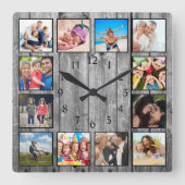 Moderne huisfamilie Rustic Foto Collage Vierkante Klok (Voorkant)