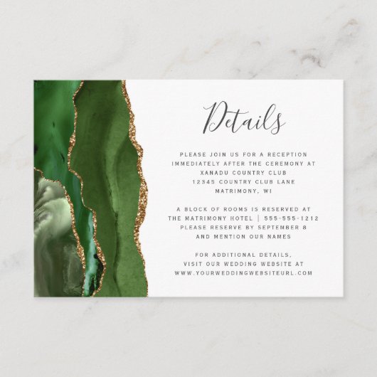 Moderne Hunter Green Gold Agate Wedding Details Informatiekaartje (Voorkant)
