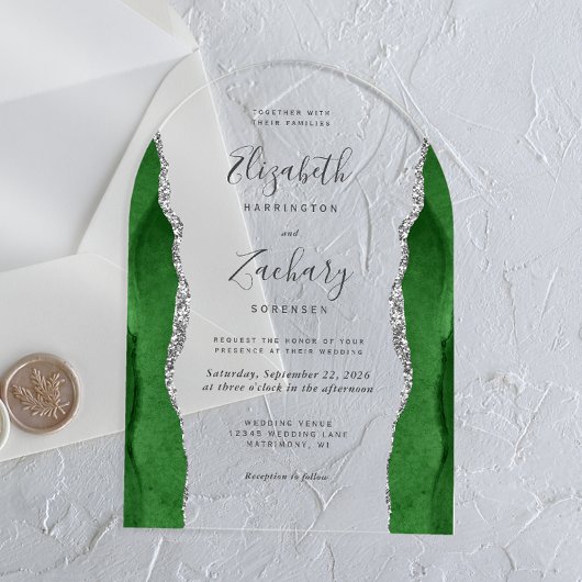 Moderne Hunter Green Zilveren Agaat Wedding Arch Acryl Uitnodigingen