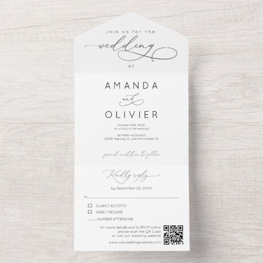 Moderne Huwelijk Elegante Kalligrafie Zwart & Wit All In One Uitnodiging (Binnen)