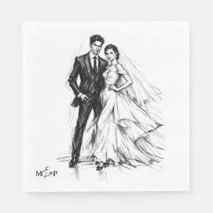Moderne Huwelijks-Tekening van Bruidspaar in Houts Servet