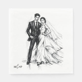 Moderne Huwelijks-Tekening van Bruidspaar in Houts Servet