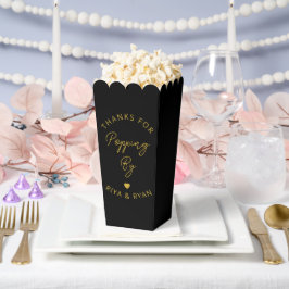 Moderne huwelijksfeest zwart en goud popcorn bedankdoosjes