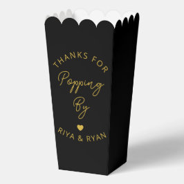 Moderne huwelijksfeest zwart en goud popcorn bedankdoosjes