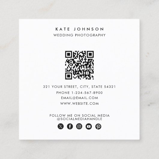 Moderne huwelijksfotograaf QR Code Social Media Vierkante Visitekaartje (Achterkant)