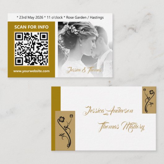 Moderne huwelijkskaarten, QR-code, foto, goud Visitekaartje (Voorkant / Achterkant)