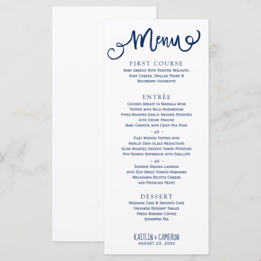 Moderne huwelijksmenu's | Typografie (Navy Blue) Menu (Voorkant / Achterkant)