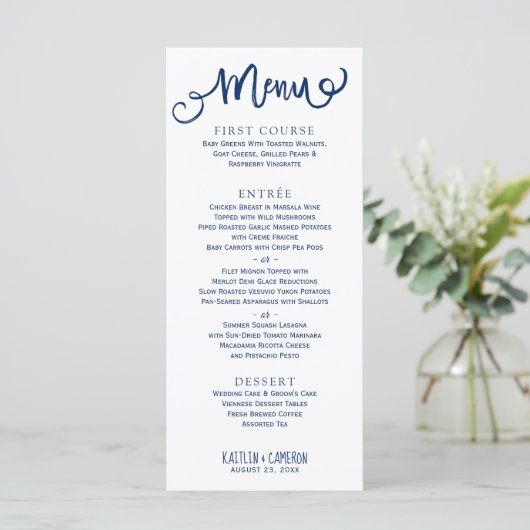 Moderne huwelijksmenu's | Typografie (Navy Blue) Menu (Staand voorkant)