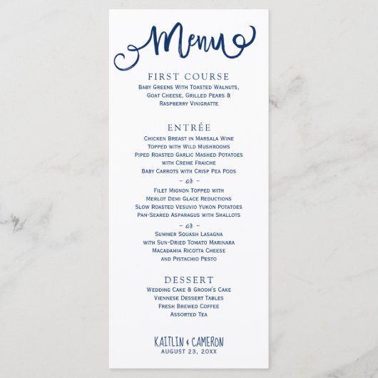 Moderne huwelijksmenu's | Typografie (Navy Blue) Menu (Voorkant)
