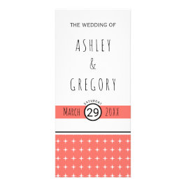 Moderne huwelijksprogramma voor levende koraaltypo reclamekaart