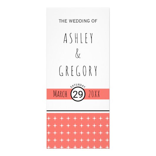 Moderne huwelijksprogramma voor levende koraaltypo reclamekaart (Voorkant)