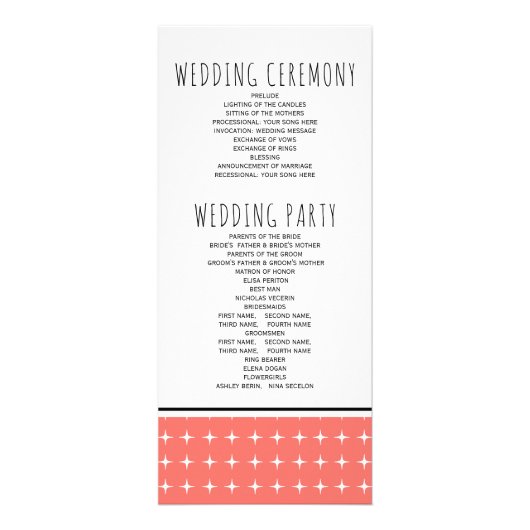 Moderne huwelijksprogramma voor levende koraaltypo reclamekaart (Achterkant)