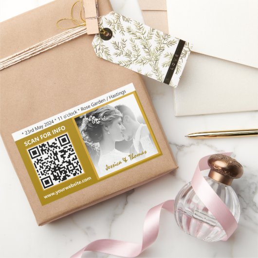 Moderne Huwelijksstickers, QR-code, Foto, Goud Rechthoekige Sticker (Geschenken)