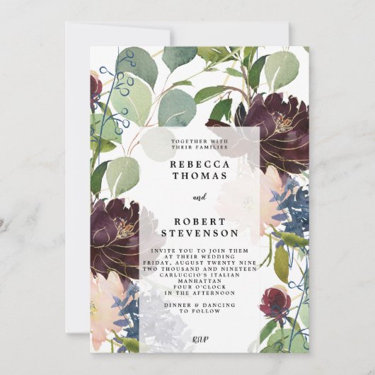 Moderne huwelijksuitnodiging paarse blauw groen bl kaart (Voorkant)