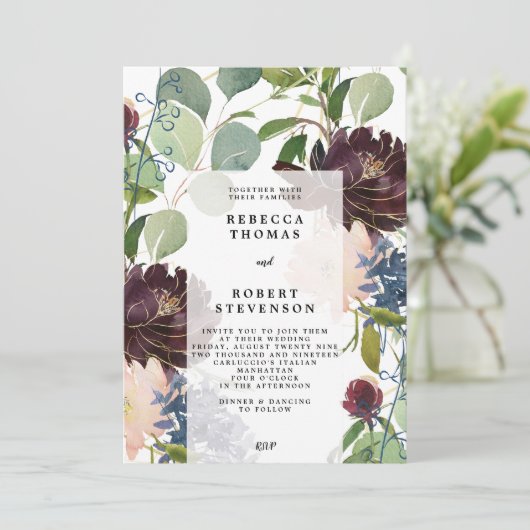 Moderne huwelijksuitnodiging paarse blauw groen bl kaart (Staand voorkant)