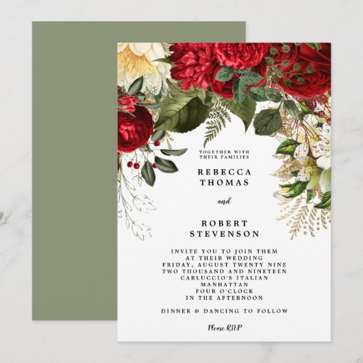 moderne huwelijksuitnodiging rode florale winter kaart (Voorkant / Achterkant)