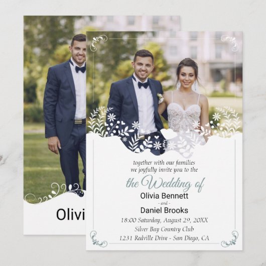 Moderne huwelijksuitnodigingskaart met foto kaart (Voorkant / Achterkant)