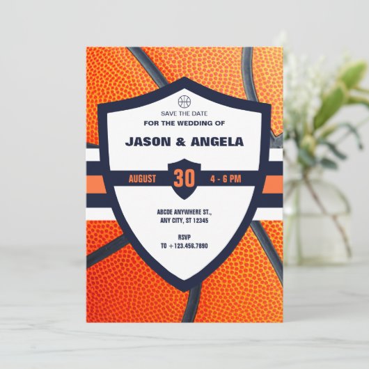Moderne iconische basketbal logo bruiloft save the date (Staand voorkant)