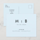 Moderne ijsblauwe monogram trouw 'Save the Date' Briefkaart (Voorkant / Achterkant)