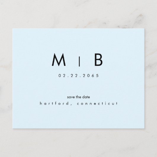 Moderne ijsblauwe monogram trouw 'Save the Date' Briefkaart (Voorkant)