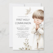 Moderne illustratie Jongen Bidden 1e Heilige Commu Kaart (Voorkant)