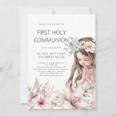 Moderne illustratie Meisje Bloemen 1e Heilige Comm Kaart (Voorkant)