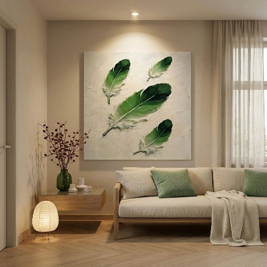 Moderne Impasto Textured Groene Veer Olie Kunst Canvas Afdruk