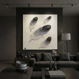 Moderne Impasto Textuur Zwart en Grijs Veer Olie Canvas Afdruk