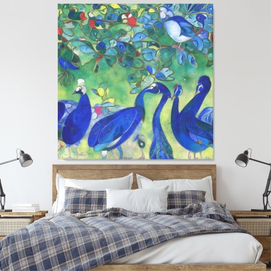 Moderne Impressionist Blauwe Peacocks op Canvas (Insitu (Slaapkamer))