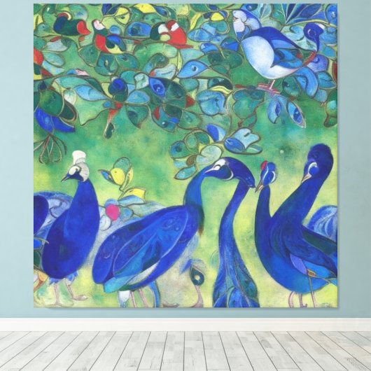 Moderne Impressionist Blauwe Peacocks op Canvas (Insitu (Houten vloer))