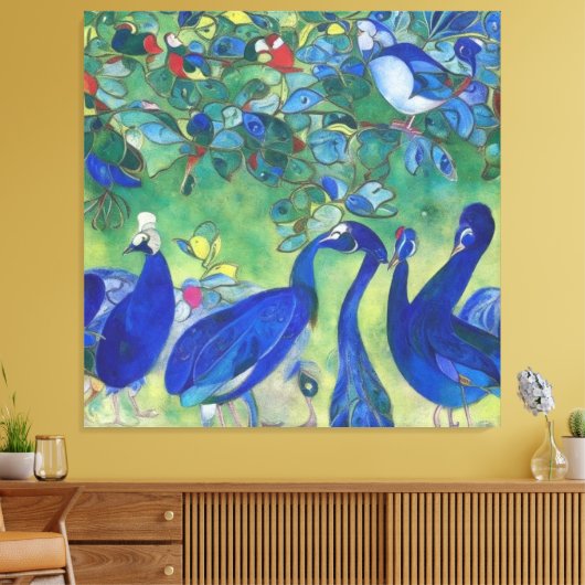 Moderne Impressionist Blauwe Peacocks op Canvas (Insitu (Woonkamer))