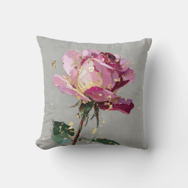 Moderne Impressionistische Goudblad Roze Roos Olie Kussen (Voorkant)
