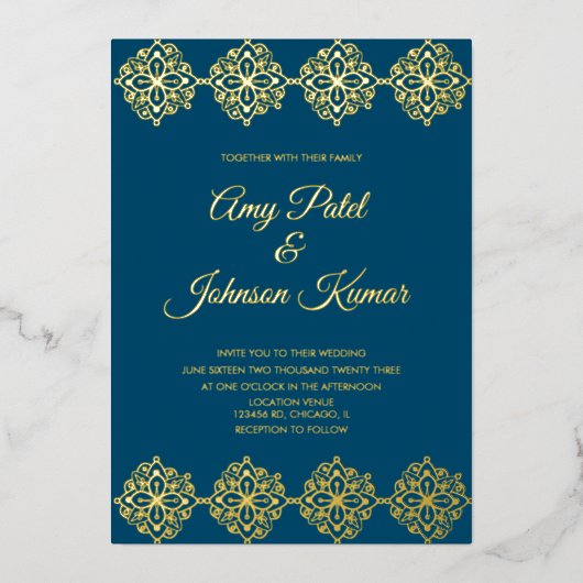 Moderne Indiase grens rond huwelijk geperst Folie Uitnodiging (Voorkant)