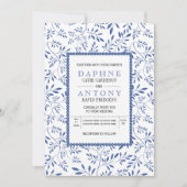 Moderne indigo blauw bladeren patroon bruiloft kaart (Voorkant)