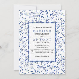 Moderne indigo blauw bladeren patroon bruiloft kaart