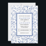 Moderne indigo blauw bladeren patroon bruiloft kaart<br><div class="desc">Moderne indigo blauw verlaat de huwelijksuitnodiging sjabloon. Deze rechthoekige bruiloft nodigt een rand uit van een patroon van bladeren en uw formulering in een wit lijst met een indigo-gescalloped overzicht.</div>