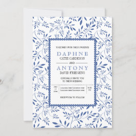 Moderne indigo blauw bladeren patroon bruiloft kaart