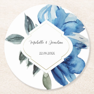 Moderne Indigo Blauwe Waterverf Abstracte Bloemen Ronde Kartonnen Onderzetter
