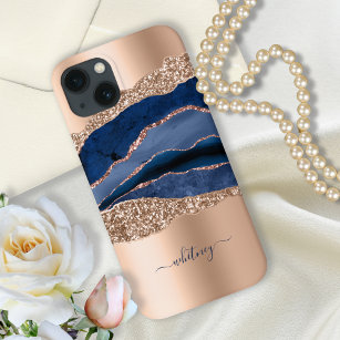 Moderne Indigo Blue Agaat & Roos Gold Glitter Case-Mate iPhone Case