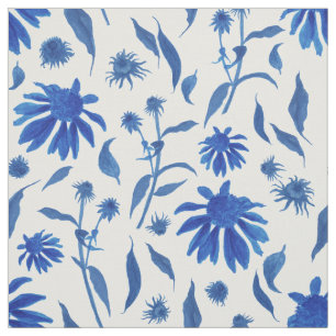 Moderne Indigo Blue Cone Flowers op White Stof