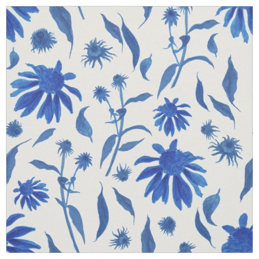 Moderne Indigo Blue Cone Flowers op White Stof (Swatch)