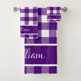 Moderne Indigo Paarse Buffalo Checks Script Naam Bad Handdoek
