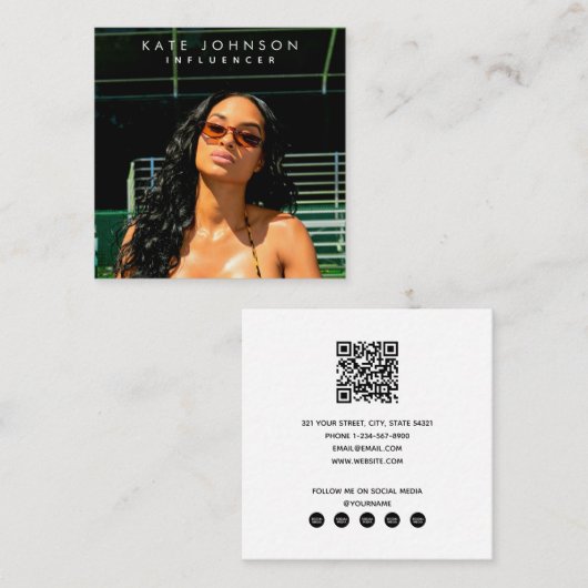 Moderne Influencer Foto QR Code Sociale Media Vierkante Visitekaartje (Voorkant / Achterkant)