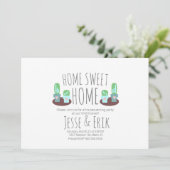 Moderne ingepote cactusgroen huis verwarming feest kaart (Staand voorkant)