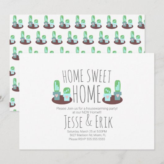 Moderne ingepote cactusgroen huis verwarming feest kaart (Voorkant / Achterkant)