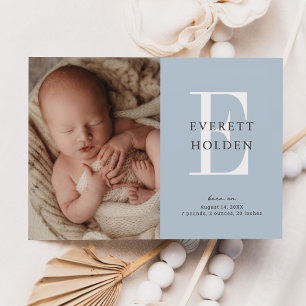 Moderne Initiaal Blue Baby Three Photo Birth Aankondiging
