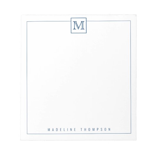 Moderne Initiaal Monogram Square Border Navy Blue Notitieblok (Voorkant)